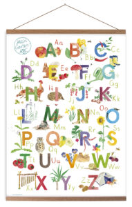 Illustriertes ABC-Poster zum Thema Garten für Vorschulkinder und Schulkinder. Mit Groß- und Kleinbuchstaben, wie sie in der Schule gelernt werden.
