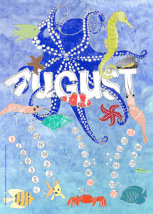Kalenderblatt August, Krake, Seepferdchen, Fische, Krabbe, Garnele
