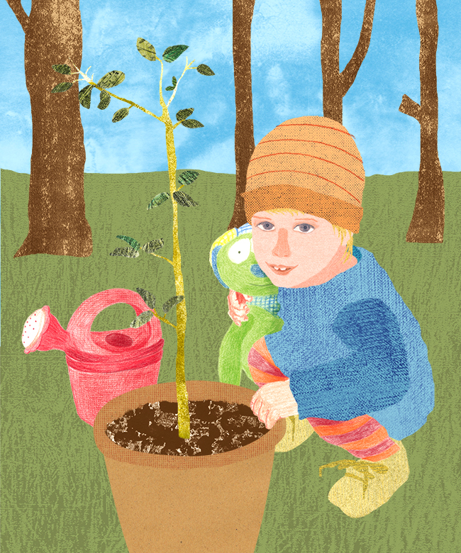 Kind spielt im Garten, Blume pflanzen