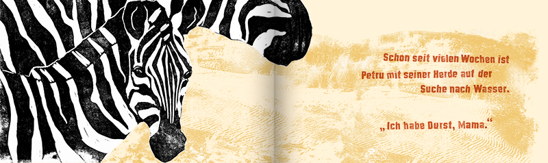 Kinderbuch, Das Zebra ohne Streifen, Zebra, Collage, Materialmix, Linolschnitt