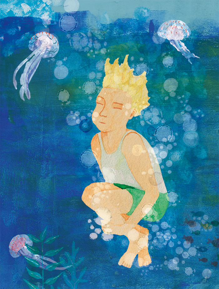 Kinderbuch, im Meer, tauchen, Junge, Sprung, Quallen, Fische, Unterwasserwelt