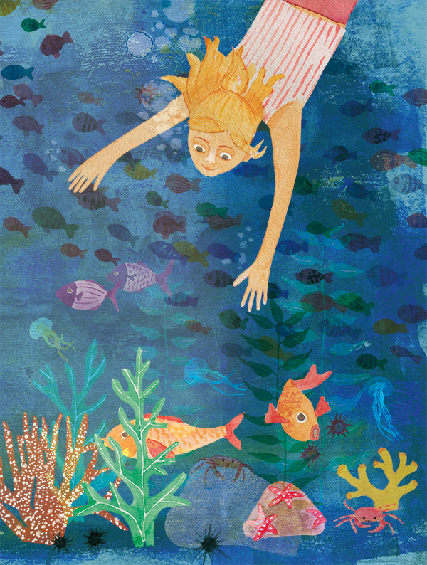 Kinderbuch, im Meer, tauchen, Mädchen, Seegras, Quallen, Fische, Unterwasserwelt