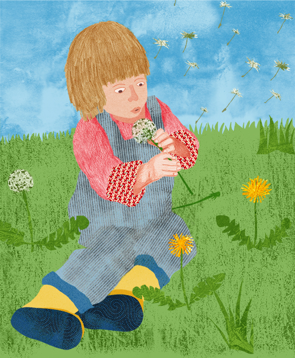 Kind spielt im Garten, Pusteblume
